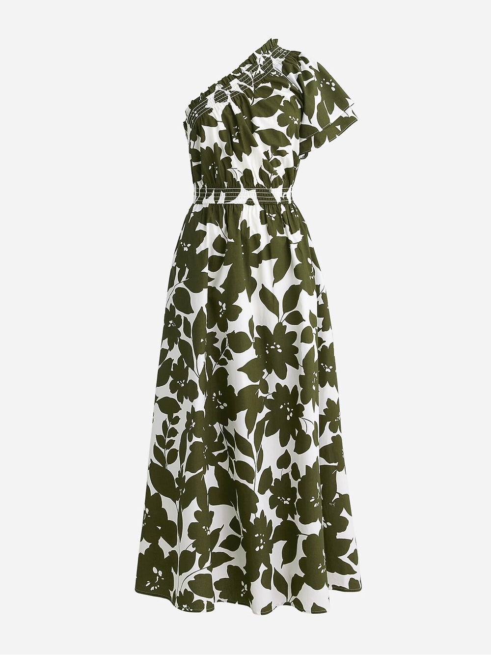 J.Crew Smocked cotton poplin one-shoulder dress in leafy floral | size small